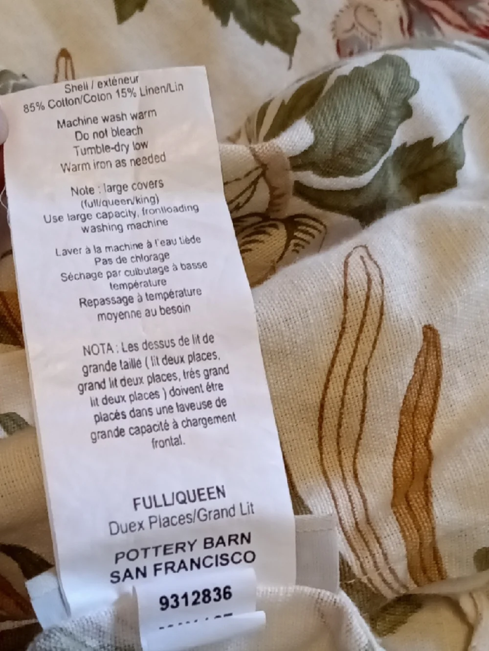 Pottery Barn Jerri Bird & Floral Full Queen Cotton Linen Duvet Cover